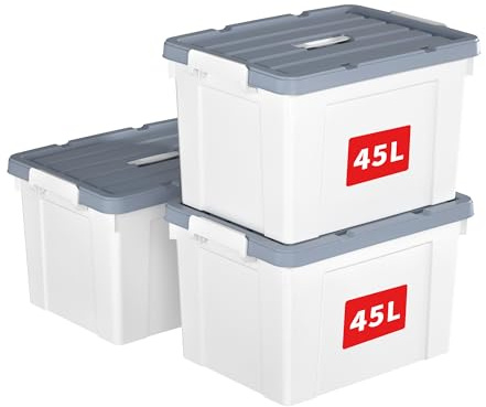 Cetomo 45L*3 Caja de Almacenamiento con Asa, Caja de Plástico con Tapa y Cierre Seguro, Contenedor de Almacenamiento Grande, Duradera, Apilable, Resistentes, Blanco, Paquete de 3 de 45L