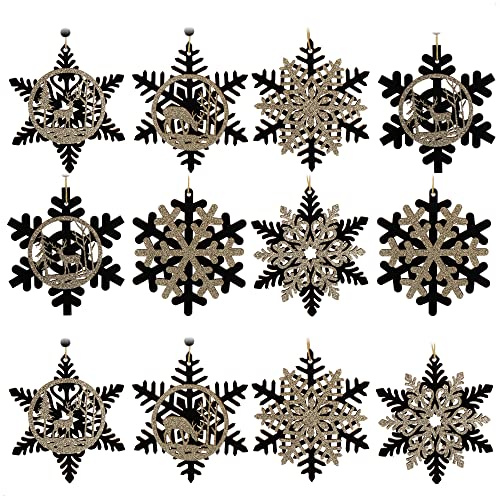 com-four® 12x Tannenbaumschmuck Holz-Anhänger Set, Weihnachtsbaumschmuck | Christbaumschmuck im Schneeflockendesign