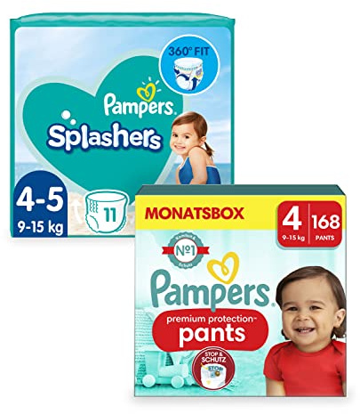 Pampers Schwimmwindel Set mit Splashers (Größe 4-5, 11 Schwimmwindeln) und Windeln Pants Größe 4 (9-14kg,168 Stück) Premium Protection, Maxi, MONATSBOX, Baby Erstausstattung Für Neugeborene