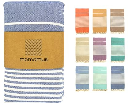 MOMOMUS Fouta Playa XXL, con Flecos y 100% Algodón – Ideal como Toalla de Playa Grande Antiarena, Manta de Picnic sin Arena, Pareo Gigante o Alfombra de Piscina – Azul, 210x240 cm