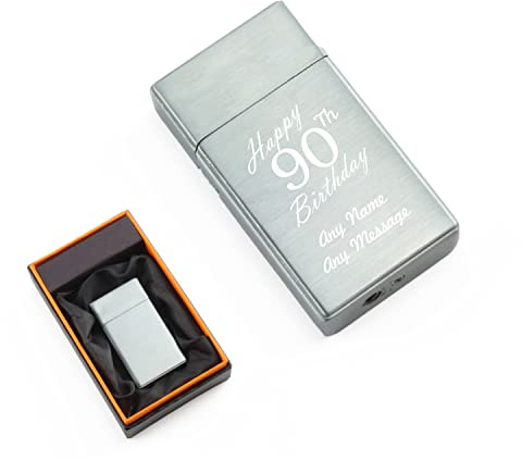 Personalised Engraved Silver Torch Gas Jet Lighter, Comes with Presentation Box, Happy 90th Birthday Design, Gift for Him, Father, Birthday Gift, Engraved in The UK