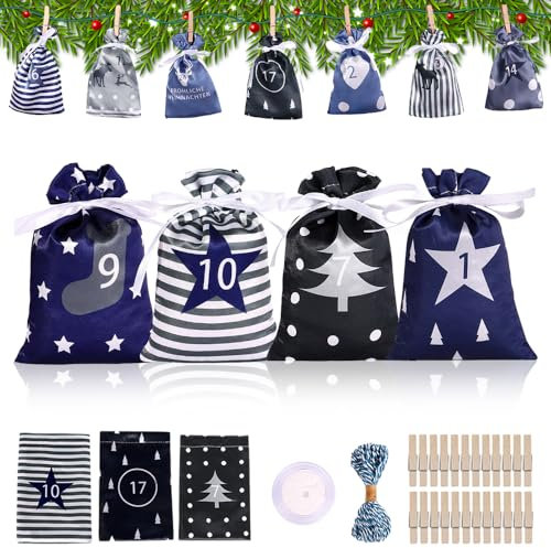 yotutun Adventskalender zum Befüllen 2024, 24 Groß (10x15cm) stoffsäckchen Kette zum selber Basteln Weihnachtskalender Selbstbefüllen Aufhängen mit Zahlen Geschenkbeutel für Kinder Junge - Blau Grau
