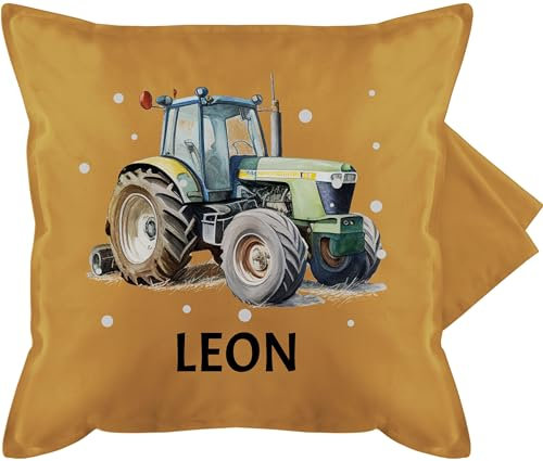 Kissenbezug - Trecker Name I Trecker Fan I Traktor Geschenk personalisiert I Geschenk Landwirt - 50 x 50 cm - Gelb - traktorkissen personalisiertes Kissen Bulldog Leon baumwollkissen Tractor Pillow
