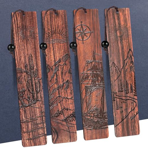 4Pcs Wood Bookmark for Men Gifts, Adventure Wooden Carving Book Mark Vintage Bookmark for Men Book Lovers Birthday Present Students Teachers Appreciation