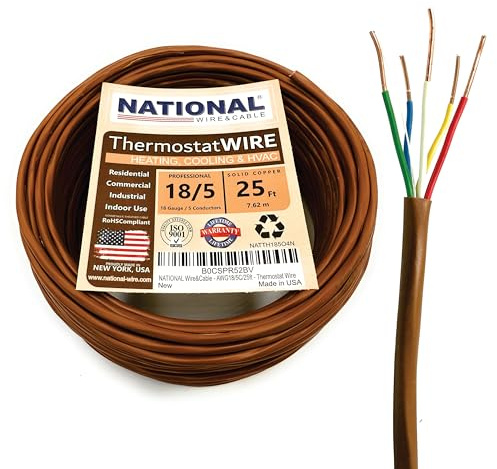 18/5 25Ft. NATIONAL Wire&Cable Thermostat Doorbell HVAC Heating Control Professional Cable Wire - Made in USA - 100% Solid Copper Conductors, CL2 ETL Listed, Low Voltage Applications Use