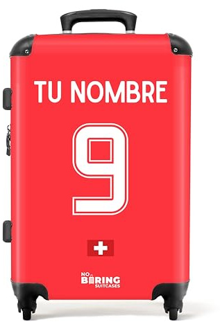 NoBoringSuitcases.com Reisekoffer Personalisiert, Koffer Groß, Hartschalenkoffer, TSA, Reisekoffer mit Rollen Groß, Rollkoffer, Koffer Mittelgroß (Fußball - Heimtrikot Schweiz 2022 - Rot 67 cm - 72 L)