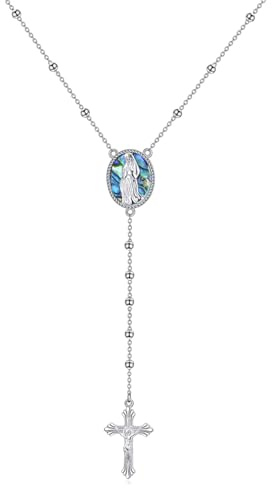 YAFEINI Rosenkranz Kette Sterling Silber Jungfrau Maria Rosenkranz Perlen Kreuz Anhänger y-Halskette Rosarios Catolicos Schmuck Geschenke für Damen Mädchen (Rosenkranz Kette)
