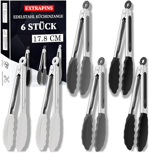 EXTRAPINS 6 Stück Silikonzangen Set, Edelstahl-Küchenzange, Mini, 17.8 cm | Mini Grillzange, Silikon-Gummigriff, Hitzebeständige Kochzange, ideal zum Kochen, Grillen, Buffet
