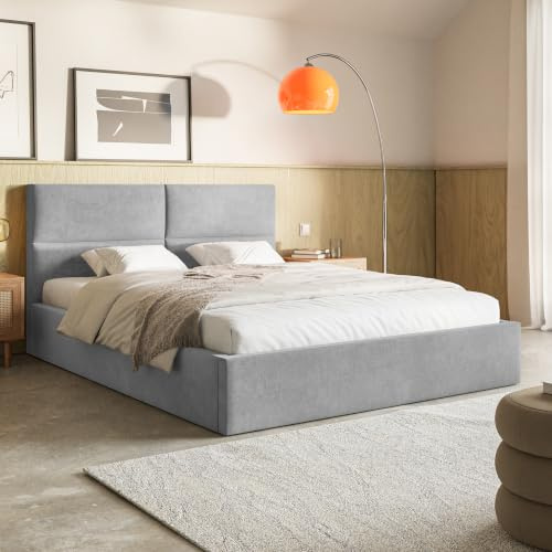 MOTIVENA Livi Bett 180x200 Grau Samt, mit Stauraum, mit Kopfteil, mit Lattenrost, ohne Füße, ohne Matratze, Polsterbett 180x200 mit Bettkasten Grau (Hellgrau)