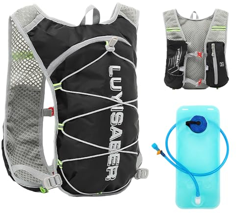 Laufweste Damen Leicht,Running Vest, Laufweste mit Trinkflasche und Trinkblase,Trailrunning Rucksack mit 2L trinkblase, Atmungsaktiv Laufrucksack Herren für Laufen,Trailrunning,Radfahren (Schwarz)