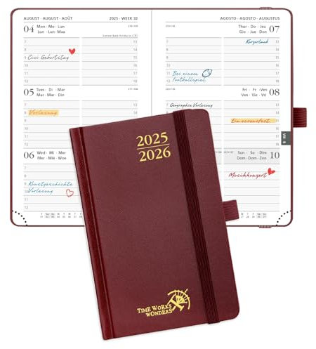POPRUN Taschenkalender 2025 2026 Klein Hardcover, ca. A6 (16 x 10,5 cm) - Kalender 2025 2026 Klein (Aug.2025-Dez.2026) - Wochenplaner 1 Woche 2 Seite mit Innentasche - Burgund