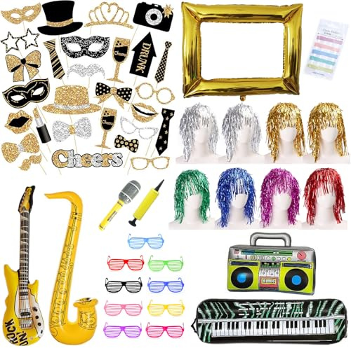 75 Stück Fotobox Accessoires,Aufblasbar Requisiten Dekoration Weihnachten | Party Deko Musik Party Zubehör,Perücken,Party Dekoration für Hochzeit,Halloween,Tischdeko Geburtstag,Karneval,Silvester Deko