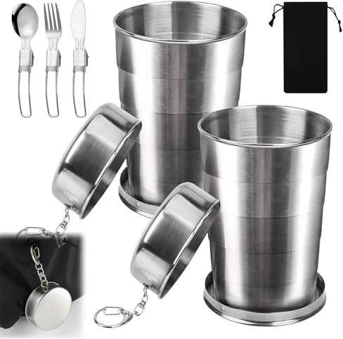 Edelstahl Faltbecher 450ml, 2 Stück Becher Faltbar Edelstahl, Edelstahl-Trinkbecher Mit Klapplöffel, Outdoor Tragbar Teleskop Klappbeche, Camping Becher Faltbar, Edelstahl Reise Faltbecher Klappbecher