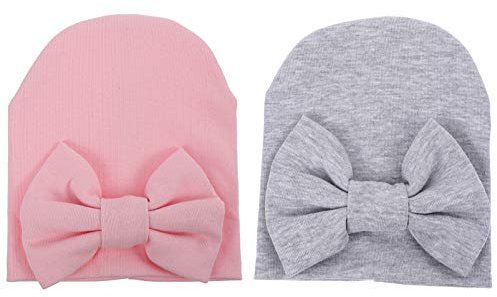 DEARMAMY Mütze Für Neugeborene Schleife Babymütze 2er-Pack Weiche Baumwolle Elastisch Unisex Für Die Besonderen Tage des Babys