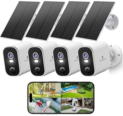 SYMYNELEC Solar Security Cameras Outdoor: 4-Pack Wireless Surveillance System - 2K Night Vision Motion Detection - Waterproof Home Monitoring Year-Round for Homeowners