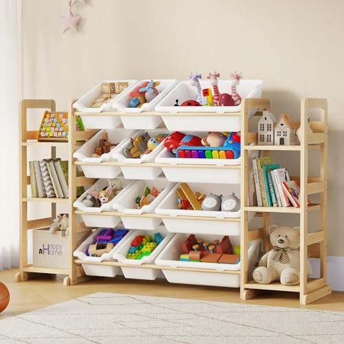 EXPERLAM Extra Large Toy Storage - Toy Storage Organizer, Wooden Toy Organizer with 6 Side Shelves and 12 Bins, 3-in-1 Bookshelf for Kids Rooms, Playroom, Nursery, White
