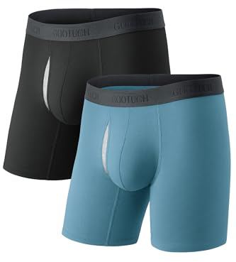 GOOTUCH Men Underwear Pack Odor Control Cotton Boxer Briefs, Moisture Wicking Silver-Ion Tech Soft Boxer Briefs, Strech Long Leg Anti-Chafing (Black/Grey Blue, 2 pack, XL)