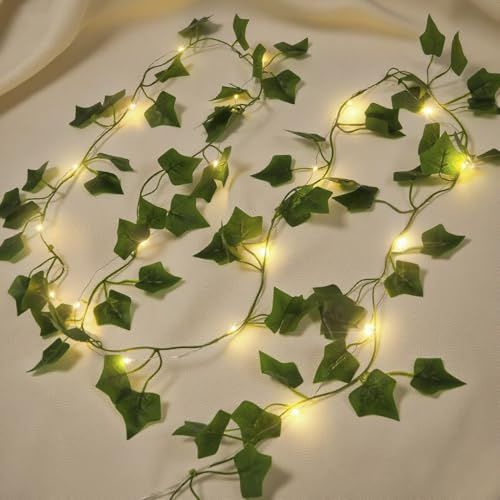 Fairy Lights with Leaves, Green Leaf Ivy Vine with 20 LED Lights, Artificial Ivy with Fairy Lights, Ivy Garland Fairy Lights Indoor 2 m, Spring Plants Decoration for Wedding Party (Warm White)