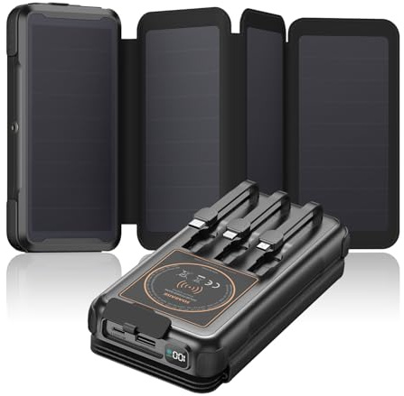 Blivein Power Bank Solare caricatore - 25000mAh Caricatore Portatile con 3 Cavi Integrati - Caricabatterie Portatile 20W Carga Rapida con 4 Pannelli Solare, USB C Powerbank con Torcia per Esterni