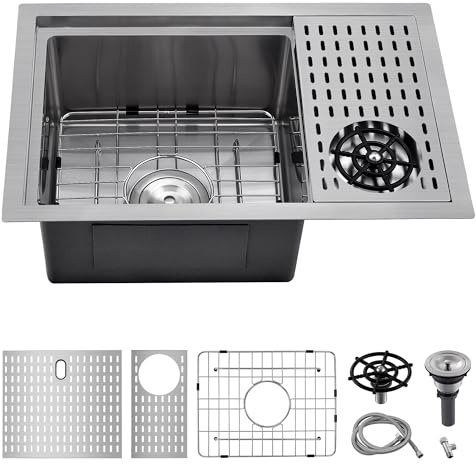 Scamall 25x15x9 Undermount Kitchen Sink Ledge Workstation with Glass Rinser, 16 Gauge Brushed Stainless Steel Deep Single Bowl, Quick Drainage Basin for Bar or Laundry, Includes Accessories