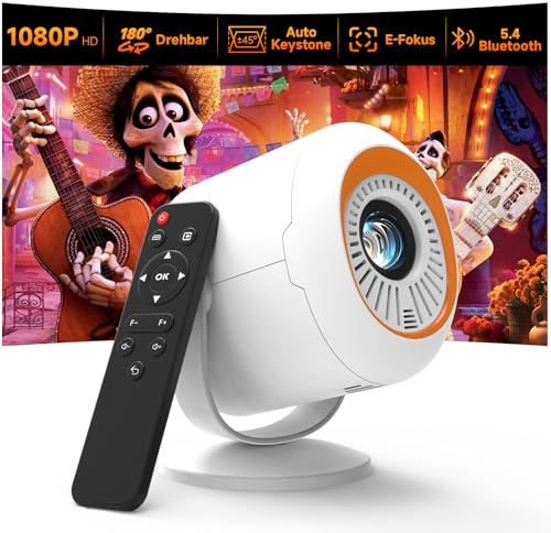 Mini Beamer Full HD 1080P Smart Projector WiFi 6 & BT 5.4,Screen Keystone Korrektur/Elektrischer Fokus,Eingebauter HiFi Lautsprecher,180°Drehbarer,Portable Beamer für Handy/HDMI/PC/TV Stick(weiß)