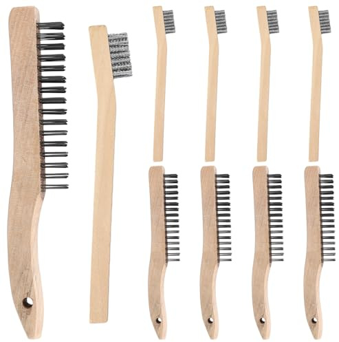 PUCSIQ Juego de 10 Cepillos de Alambre con Mango de Madera, 5 Grandes 24.5cm + 5 Pequeños 20cm, Acero Inoxidable para Limpieza de Parrilla, Soldadura, Eliminación de Óxido y Mantenimiento