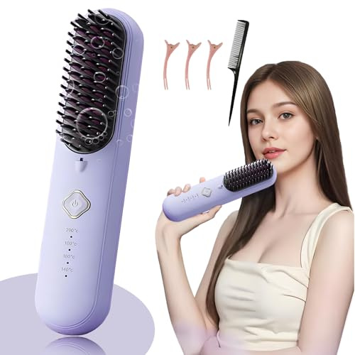 AIRCADIA Kabellose Glättbürste mit Ionen für alle Haartypen (Violett) | Keramisches Heizelement, 4 Temperaturstufen, tragbares Design, ausgestattet mit einem 4000-mAh-Akku, 60s Schnellheiz, Typ-C