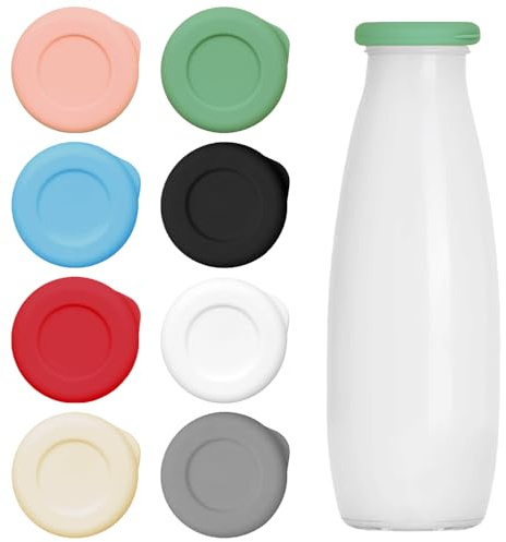 TRKETK 8 Pcs Milk Bottle Tops, Reusable Silicone Mixed Without Bottle Leakproof Glass Milks Bottles Caps Food-Grade Silicone Covers Perfect Fit for UK One Pint Milk Glass Bottles (Multicolor)