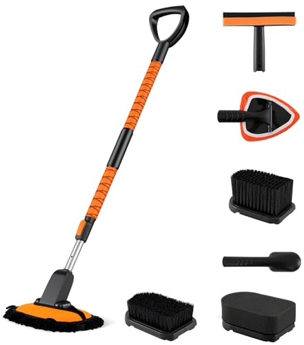 COSTWAY 52”/132cm Car Wash Brush with Extendable Handle, Scratch-Free Car Wash Mop Kit with D-Grip, Tire Brushes, Mist Wiper & Windshield Squeegee, Car cleaning Kit for RV, Truck, Sedan, Boat