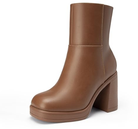 Athlefit Women's Platform Ankle Boots High Chunky Block Heel Boots Square Toe Fashion Dress Heeled Booties Caramel Size 6