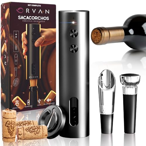 ORVAN® SUPER PACK de Sacacorchos Eléctrico PREMIUM Recargable 5 En 1 Con Cortador, Aireador, Tapón De Vacío Y Cable Usb Con Indicador Led | Abridor De Vino Electrico | Regalos Originales Hombre
