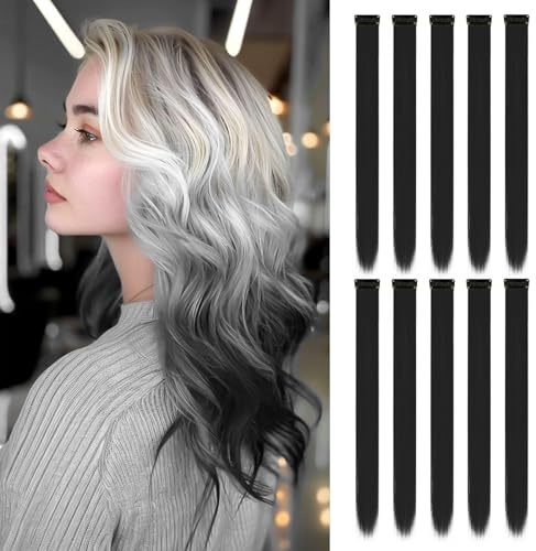 10 Svarta Hårförlängningar | 22 Clip-In Extensions | Långa, Raka, Syntetiska Hårdelar för Flickor, Barn, Kvinnor – Dagligt, Fest, Jul (Svart)