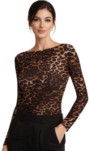 LADY·C Maglietta Donna Maniche Lunghe in Modal e Cashmere Scollo Barca Morbida Calda - Effetto Seconda Pelle - Leggera Ultralight - Intimo Avvolgente (IT, Testo, S, Regular, Regular, Leopardo)