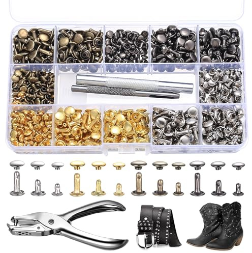 400 Stück Leder Nieten Set mit Werkzeug, Nieten Set für Kleidung, Doppelkappe Hohlnieten Sets, 12mm 8mm 6mm Leder Reparatur Sets, Ledernieten Schraubnieten für Gürtelschnalle Dekoration, 4 Farben
