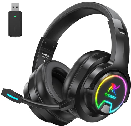 Krysenix Wireless Gaming Headset mit Noise Cancelling Mikrofon für PS5, PS4, PC Mobile: 2.4GHz Geringe Latenz Und Bluetooth, Immersive Stereo Sound, 48H Akku, RGB Beleuchtung
