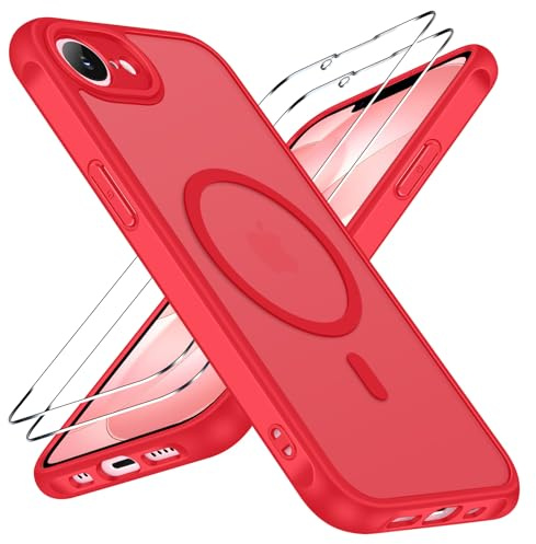 ivoler-skal för iPhone 17e/16e, 1 magnetiskt telefonskal med 2 skärmskydd i härdat glas, [Magnetisk trådladdning-kompatibel] [Militärklassat fallskydd] Stötsäkert silikonskal – Matt mörkröd