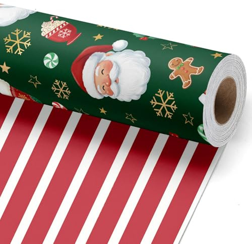 BIOBROWN Presentpapper jul, grön jultomte, 43 cm x 10 m | Vändbar med grön jultomte, pepparkakor och röda ränder; för familjepresenter och helgdagsfester