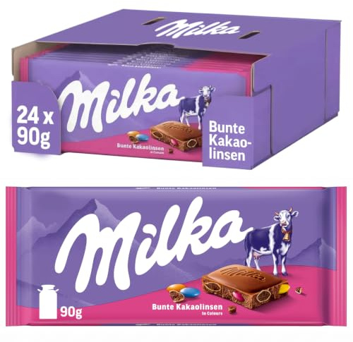 Milka Tafelschokolade mit bunten Kakaolinsen, 90 g (24er-Pack) | Leckerer Milka Schokolade mit bunten Kakao-Linsen für knusprige Momente zwischendurch