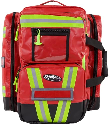 Kemp USA Heavy-Duty EMT Bag, Made with Fluid-Resistant Tarpaulin Material - Emergency Survival Kit with Room for D O2 Tank - Medical Backpack with Multiple Handles (Tarpaulin Fabric Red)