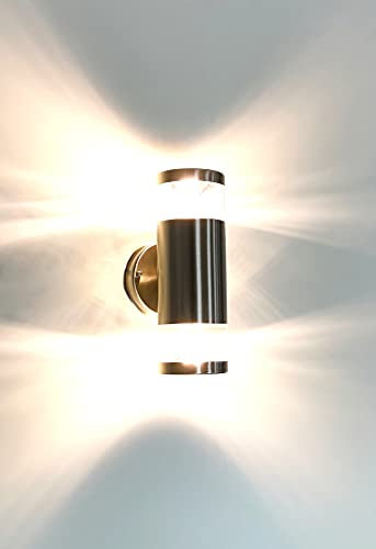 Trango 8003-LED Up & Down Wandlampe IP44 inkl. 2x 3000K warmweiß GU10 LED Leuchtmittel – Wandstrahler Edelstahl gebürstet Rund – Außenwandleuchte Außenstrahler