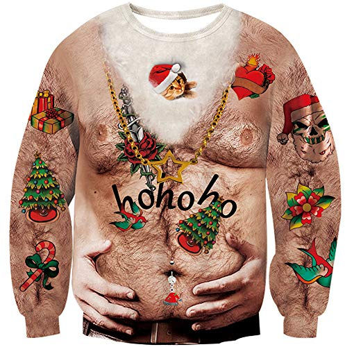 Loveternal Unisex jultröja, 3D, ful jultröja, rund hals, långärmad topp, S–3XL, 1 jul hårig bröst, M