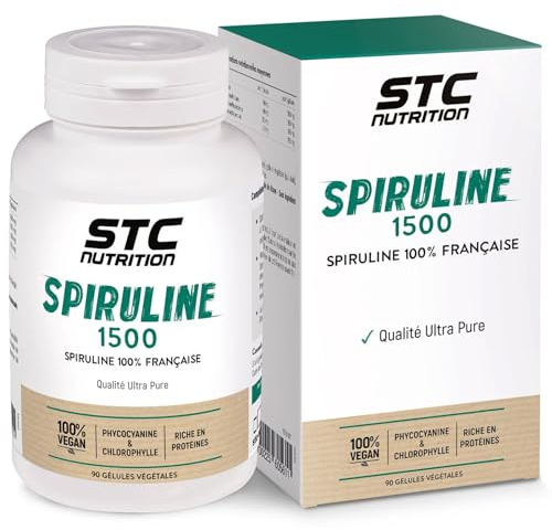 STC Nutrition Spiruline 1500 antioxydants tonus & vitalité 90 gélules | Contre la fatigue, défenses immunitaires, vitamines, protéines, fer, phycocyanines, chlorophylle, zinc, cuivre, magnésium