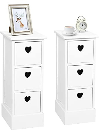 Jooli H 3 Drawer Bedside Table Set of 2, White Storage Cabinet with 3 Heart-shaped Drawers Side Table for Bedroom Living Room, 25x30x64cm