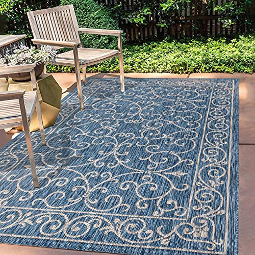 JONATHAN Y SMB106D-8 Charleston Alfombra Exterior Interior Textura Tejido Filigrana Vintage, Fácil de Limpiar, Habitación, Cocina, 240 cm x 300 cm, Azul Marino/Gris
