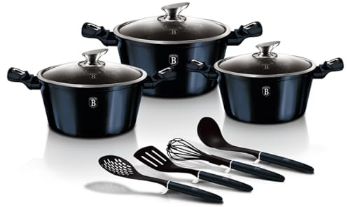Berlinger BH-6152 Haus Aquamarine Kochtopf Set Induktion 10-Teiliges, Antihaft PFOA-frei Marmor, Aluminium, Set 3 Töpfe, 3 Glasdeckel, 4 Küchenutensilien, Design Metallic Line, Glaskeramik, Gas, Elektrisch