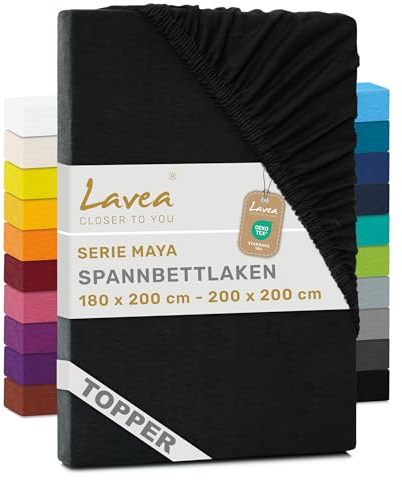 Lavea® Topper Spannbettlaken 180x200 cm - 200x200 cm - Schwarz | Maya 100% Jersey Baumwolle – Weiches Spannbetttuch Topper bis 10 cm, atmungsaktives Bettlaken, formstabil & pflegeleicht