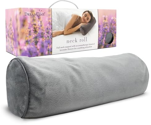 Dreamtime Neck Roll Pillow, Ergonomic Cylinder Bolster for Sleeping, Ideal Cervical Support for Both Side and Back Sleepers, Buckwheat Filling with Lavender Aromatherapy, Gray, 12.5 x 4.5 x 4.5