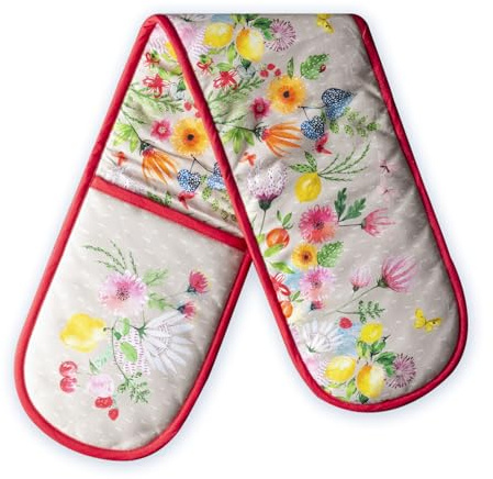 Maison d' Hermine Double Oven Mitts 100% Cotton 18 cm x 89 cm Double Oven Mitt Heat Resistant BBQ Cooking Gloves with Loop, Baking, Grilling, Home, Kitchen, Handling Hot Pans (Jardin D'Ete - Fog)