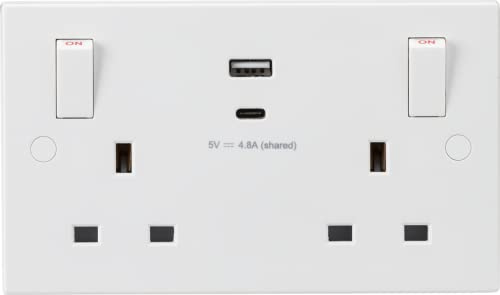 Knightsbridge SN9002 White Square edge Plastic 13A 2G Switched socket with outboard rockers and dual USB (A+C) 5V DC 4.8A shared