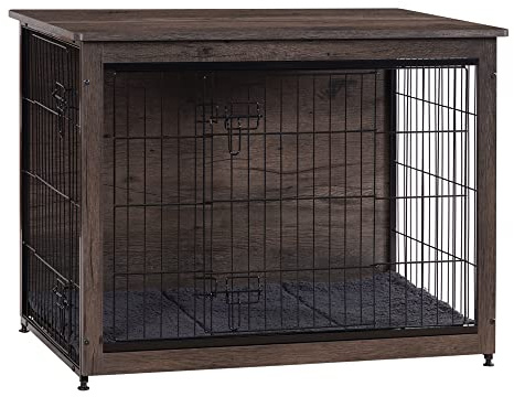 DWANTON Hundekäfig Möbel mit Kissen Mittelgroße Hundebox aus Holz mit Doppeltüren Hundemöbel Indoor Hundehütte Beistelltisch Medium 82,5cm L Dunkelgrau